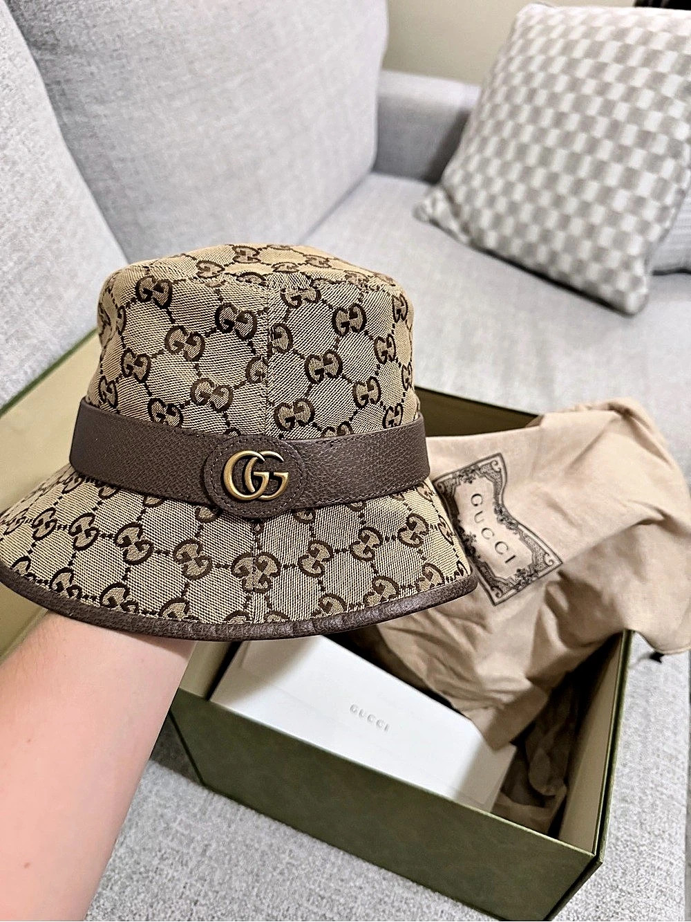 Gucci GG Cotton Canvas Bucket Hat with Leather Trim Brown & Beige